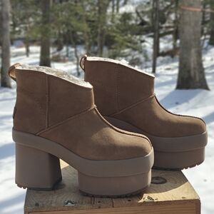 UGG "Mini New Heights" Tan Platform Ankle Boots